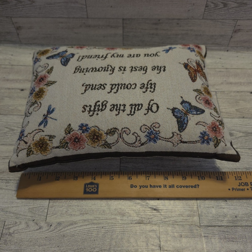 Collection Etc Friend Stitched Pillow Butterflies Flower Tan Brown Throw Pillow - Picture 4 of 7